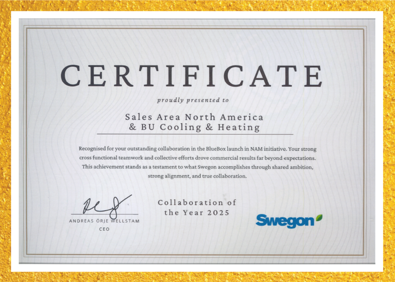 Best Collaboration of the Year 2025 by Swegon Group - Certificate